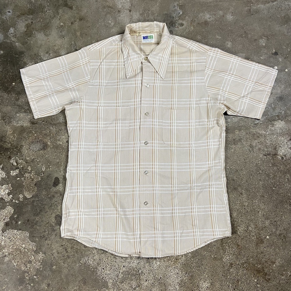 Vintage 70s Mr. Dee Cee Button Down Shirt Size Medium Beige Plaid Short Sleeve